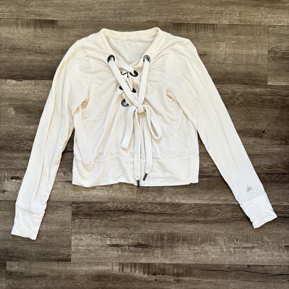 ALO Yoga White Cream Lace Up Top